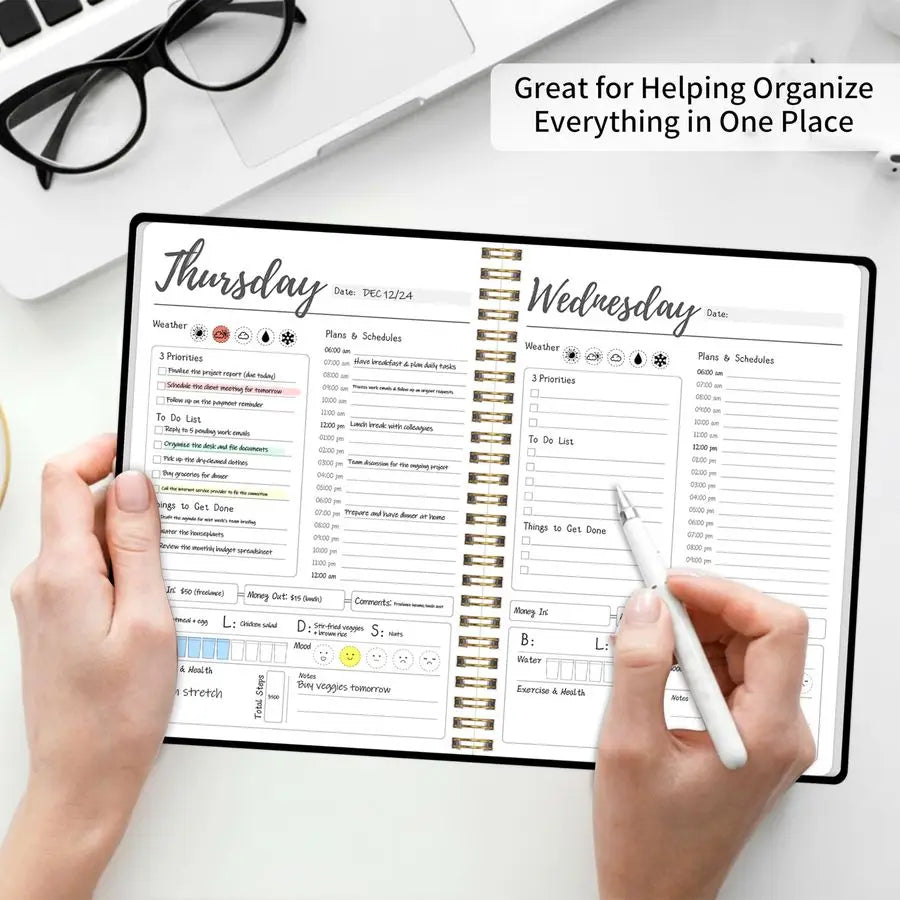 Work Planner with Hourly Schedules, To Do List, Tasks, Expense Tracker 7 Days Daily Planner SelfCare for Organizing Meals, Water