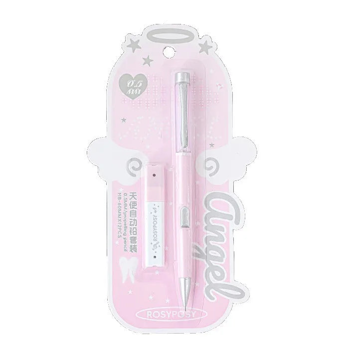 0.5HB Student Button Pencil and Lead Core Angel Automatic Lead Set High Appearance Girl Heart Shiny Crystal Pen Holder