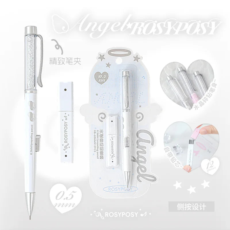 0.5HB Student Button Pencil and Lead Core Angel Automatic Lead Set High Appearance Girl Heart Shiny Crystal Pen Holder