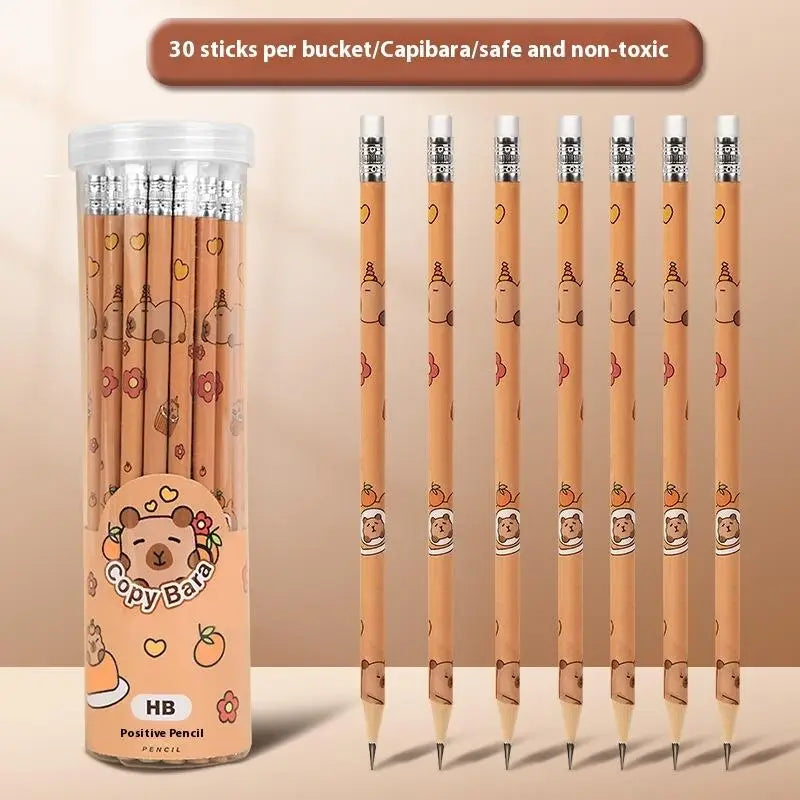 30Pc Capybara Barrel Pencils with Erasers Primary School Students Sketch Pen Exam Calligraphy Drawing Pencil Student Stationery