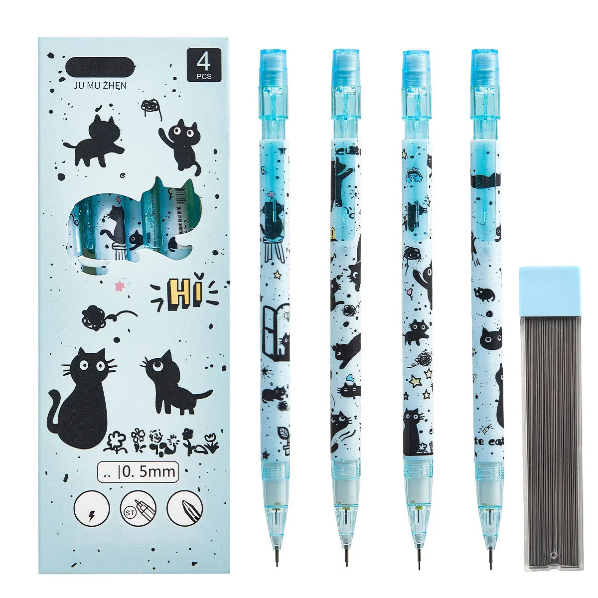 Cute Cat Push-Button Automatic Pencil Set, 4 Pencils + 1 Lead Replacement, Smooth Durable Writing Drawing, Office School Station