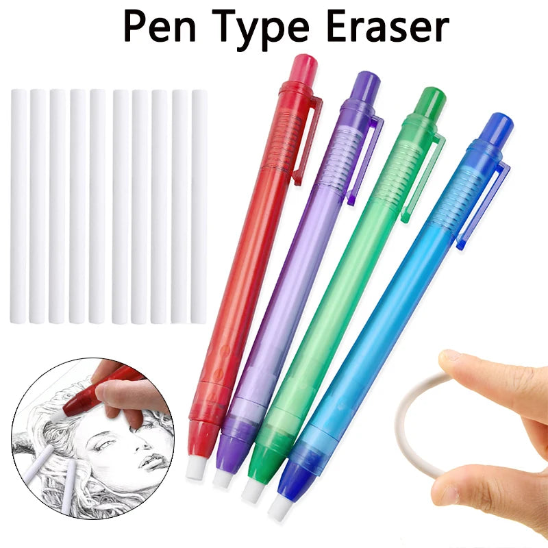 New 1pc Pen Shape Press Type Pencil Eraser or10pcs Replaceable Core, for Sketching Writing Erase Supplies Stationery Accessories