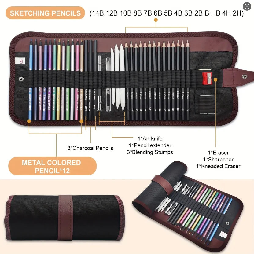 29Pcs Drawing Kit Sketching Pencils Set,Portable Pen Curtain-Charcoal Pencils, Sketch Pencils, Charcoal Stick,Sharpener,Eraser