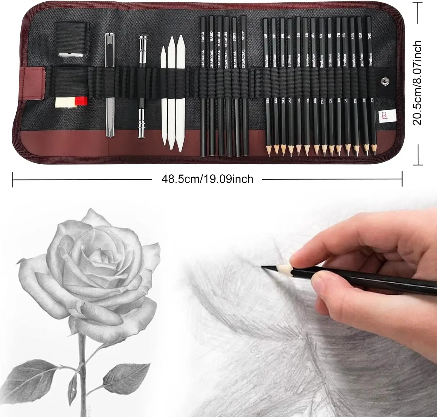 29Pcs Drawing Kit Sketching Pencils Set,Portable Pen Curtain-Charcoal Pencils, Sketch Pencils, Charcoal Stick,Sharpener,Eraser